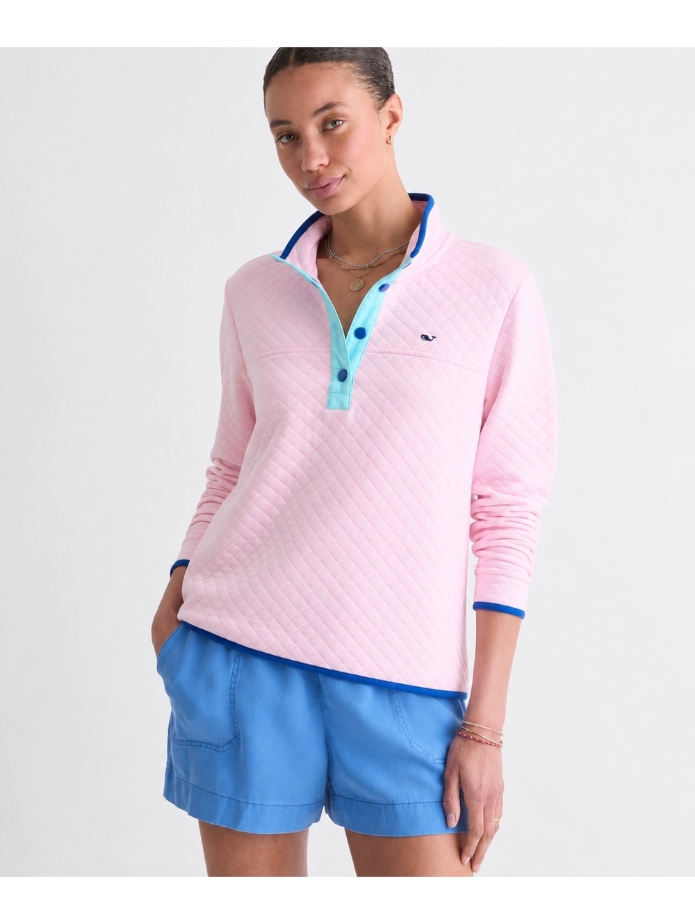 Vineyard Vines Quilted Snap Pullover Pink Blue Quarter Snap Sweatshirt Medium